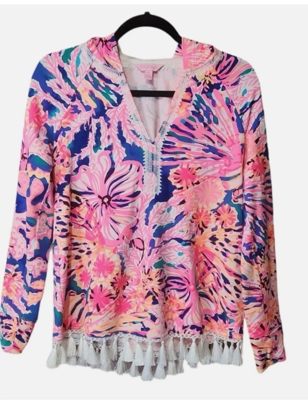 Lilly Pulitzer Harmon Hoodie Pink & Blue Floral V-Neck Tunic